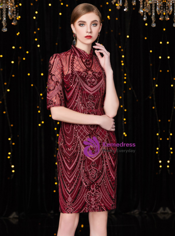 Shop 2019 Long & Short Burgundy Sheath Embroidery Sequins High Neck Short Sleeve Mother Of The Bride Dress With Factory Price From Kemedress