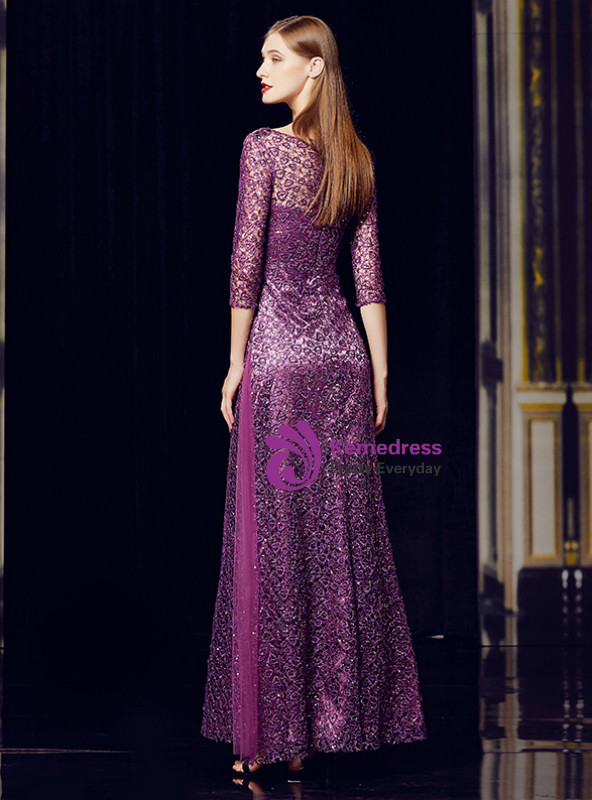 Shop 2019 Long & Short A-Line Purple Sequins Tulle 3/4 Sleeve Appliques Long Mother Of The Bride Dress With Factory Price From Kemedress