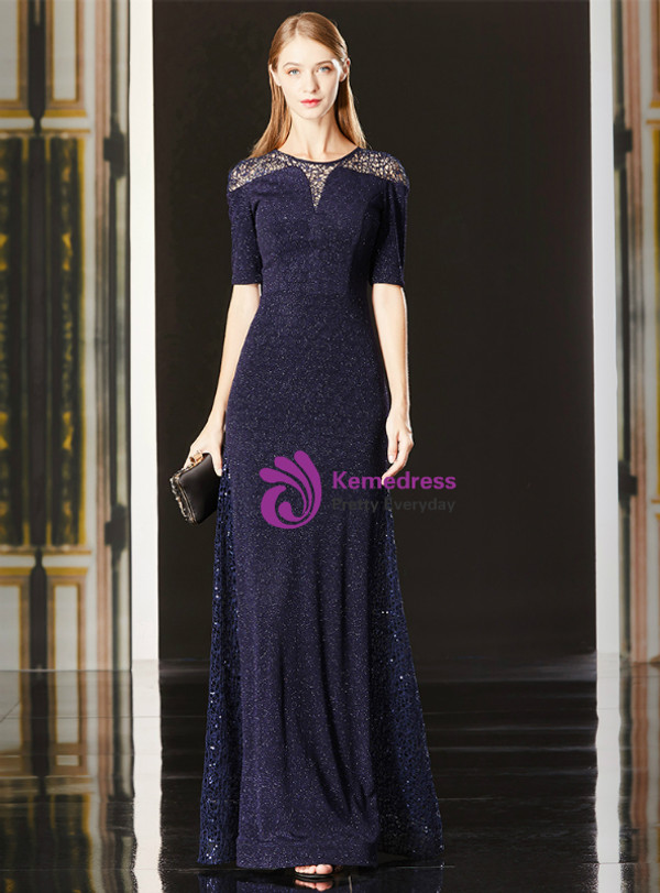 Shop 2019 Long & Short A-Line Navy Blue Lace Sequins Short Sleeve Long Mother Of The Bride Dress With Factory Price From Kemedress