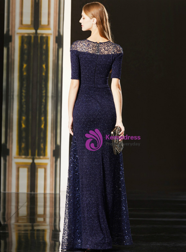 Shop 2019 Long & Short A-Line Navy Blue Lace Sequins Short Sleeve Long Mother Of The Bride Dress With Factory Price From Kemedress