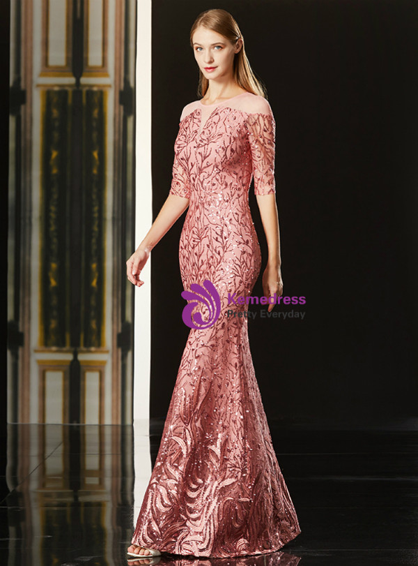 Shop 2019 Long & Short Pink Tulle Sequins Short Sleeve Long Mother Of The Bride Dress With Factory Price From Kemedress
