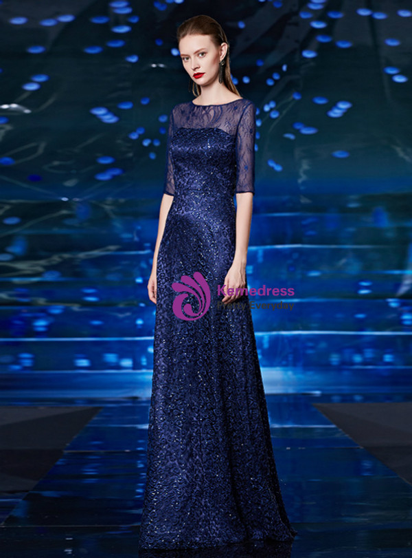 Shop 2019 Long & Short A-Line Blue Lace Sequins Short Sleeve Long Mother Of The Bride Dress With Factory Price From Kemedress