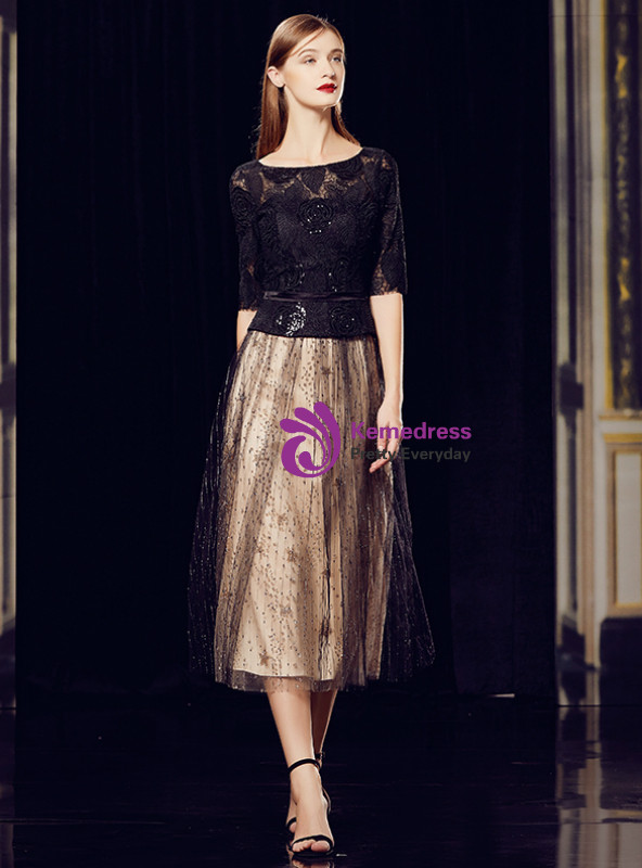 Shop 2019 Long & Short Champagne Tulle Black Lace Half Sleeve Tea Length Mother Of The Bride Dress With Factory Price From Kemedress