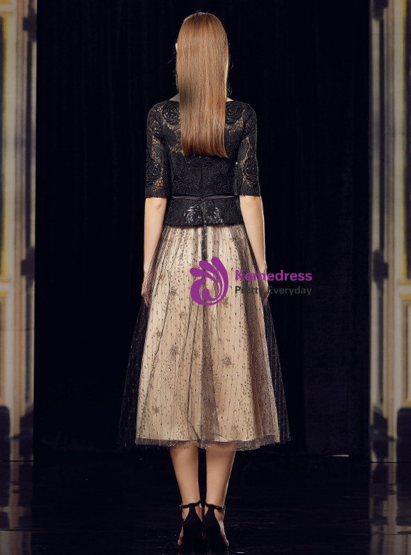 Shop 2019 Long & Short Champagne Tulle Black Lace Half Sleeve Tea Length Mother Of The Bride Dress With Factory Price From Kemedress
