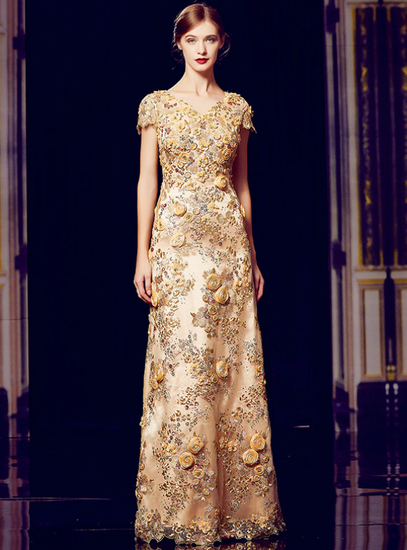 Shop 2019 Long & Short A-Line Gold Sequins Appliques V-neck Cap Sleeve Mother Of The Bride Dress With Factory Price From Kemedress