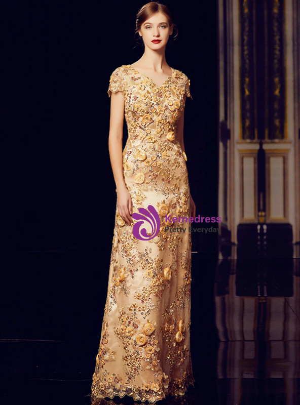 Shop 2019 Long & Short A-Line Gold Sequins Appliques V-neck Cap Sleeve Mother Of The Bride Dress With Factory Price From Kemedress