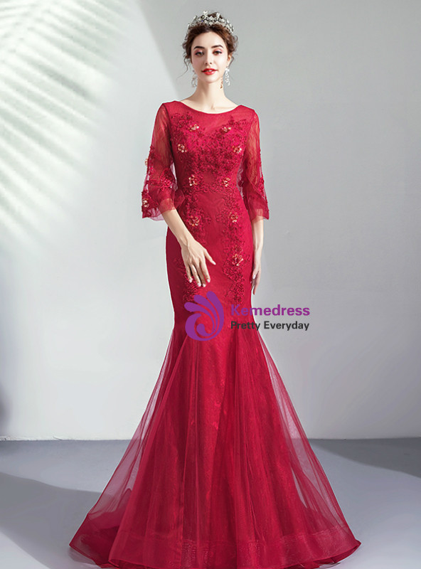 Shop 2019 Long & Short In Stock:Ship in 48 Hours Ready To Ship Red Mermaid Tulle Appliques Half Sleeve Prom Dress With Factory Price From Kemedress