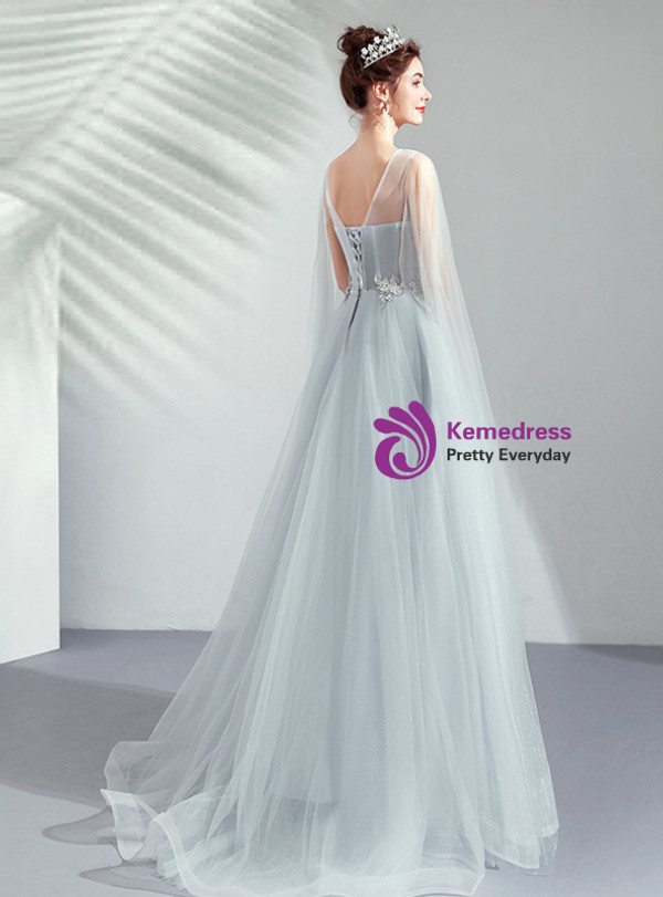 Shop 2019 Long & Short In Stock:Ship in 48 Hours Ready To Ship Gray Tulle Appliques Prom Dress With Factory Price From Kemedress