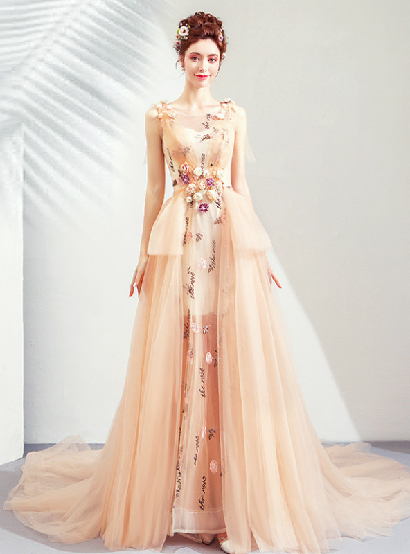 Shop 2019 Long & Short In Stock:Ship in 48 Hours Ready To Ship Champagne Tulle Appliques Prom Dress With Factory Price From Kemedress