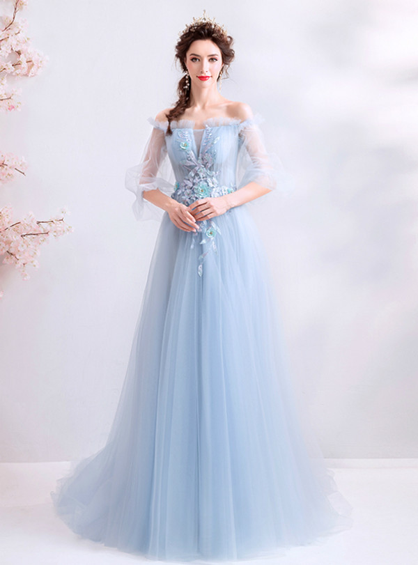Shop 2019 Long & Short In Stock:Ship in 48 Hours Blue Tulle Off The Shoulder Short Sleeve Wedding Dress With Factory Price From Kemedress