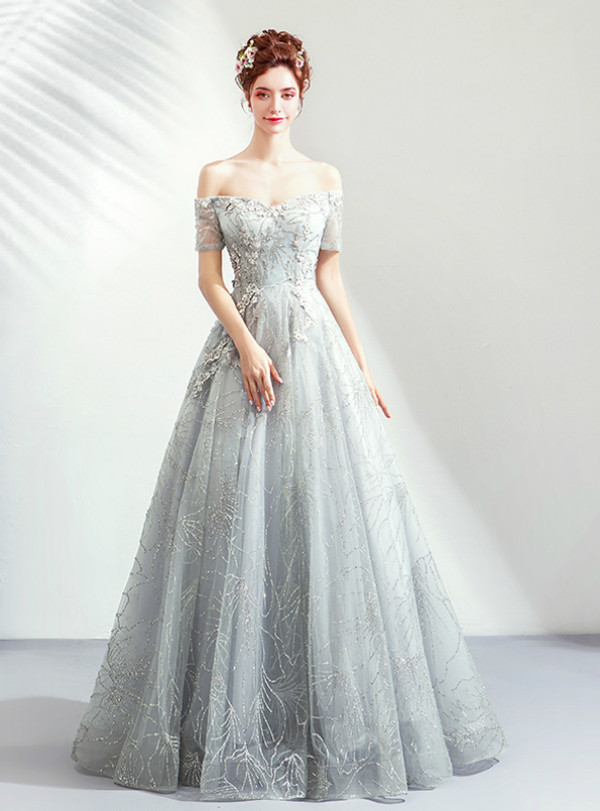 Shop 2019 Long & Short In Stock:Ship in 48 Hours Gray Tulle Sequins Off The Shoulder Prom Dress With Factory Price From Kemedress