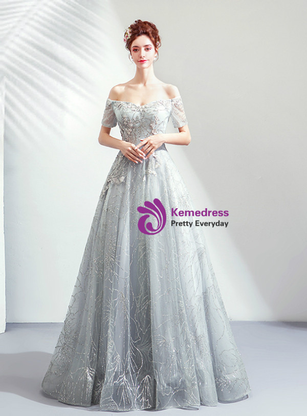 Shop 2019 Long & Short In Stock:Ship in 48 Hours Gray Tulle Sequins Off The Shoulder Prom Dress With Factory Price From Kemedress