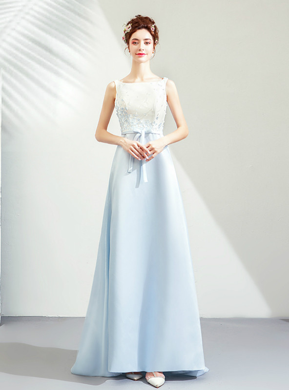 Shop 2019 Long & Short In Stock:Ship in 48 Hours Light Blue Mermaid Satin Appliques Prom Dress With Factory Price From Kemedress