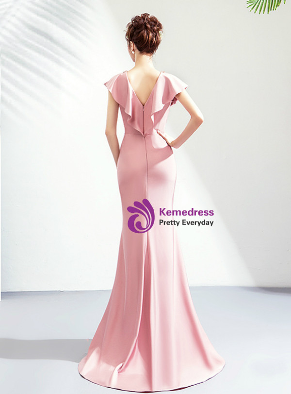 Shop 2019 Long & Short In Stock:Ship in 48 Hours Pink Satin mermaid V-neck Prom Dress With Crystal With Factory Price From Kemedress