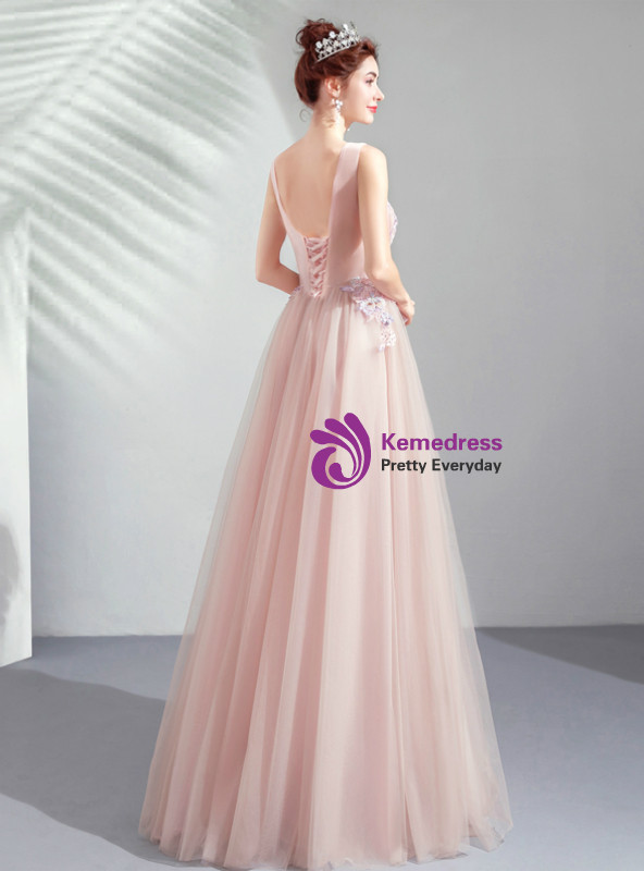 Shop 2019 Long & Short In Stock:Ship in 48 Hours Pink Tulle Appliques Backless Prom Dress With Factory Price From Kemedress