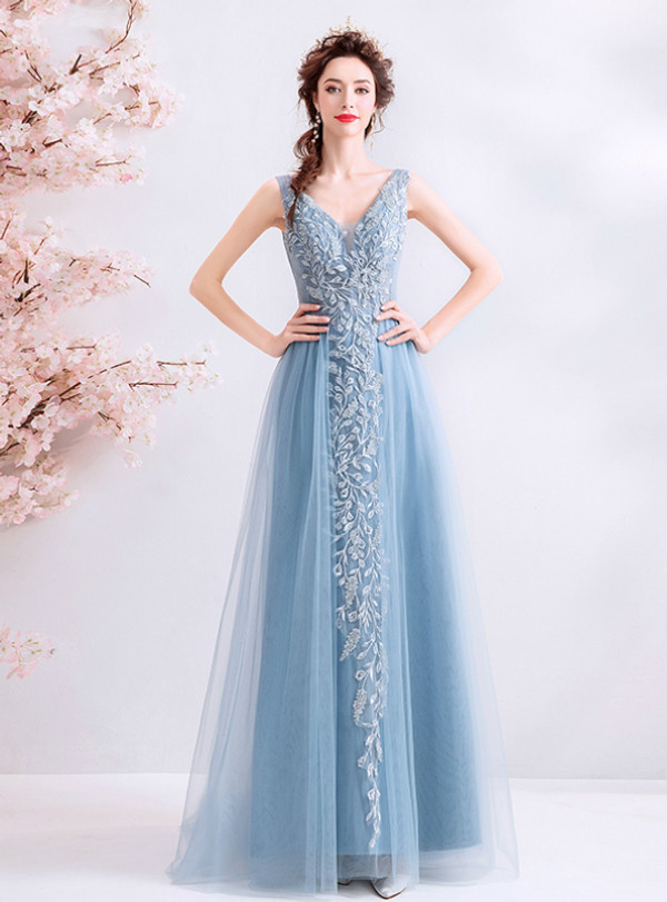 Shop 2019 Long & Short In Stock:Ship in 48 Hours Blue Tulle V-neck Bckless Appliques Prom Dress With Factory Price From Kemedress