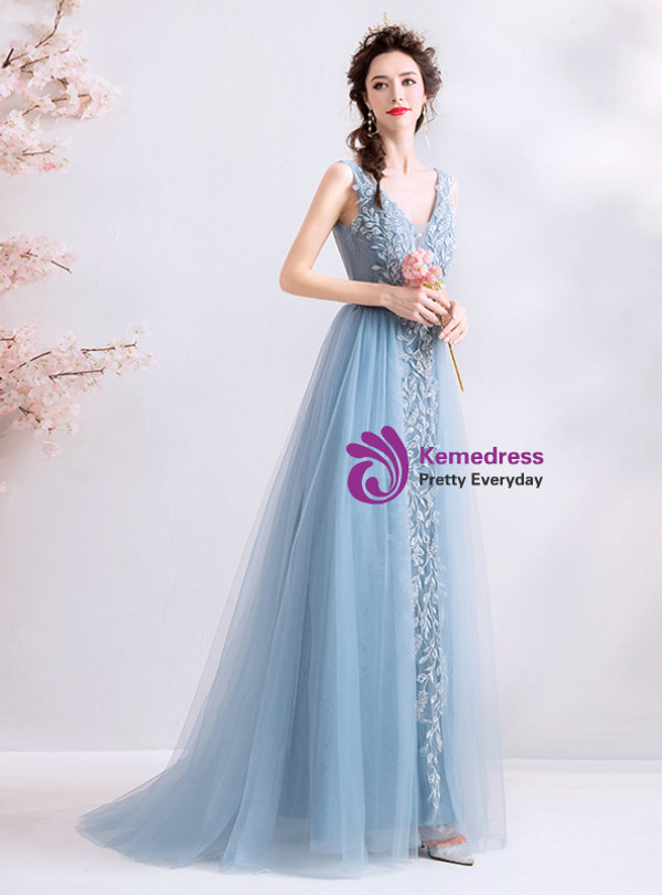 Shop 2019 Long & Short In Stock:Ship in 48 Hours Blue Tulle V-neck Bckless Appliques Prom Dress With Factory Price From Kemedress