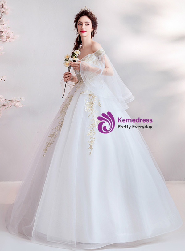 Shop 2019 Long & Short In Stock:Ship in 48 Hours White Ball Gown Tulle Appliques Wedding Dress With Factory Price From Kemedress