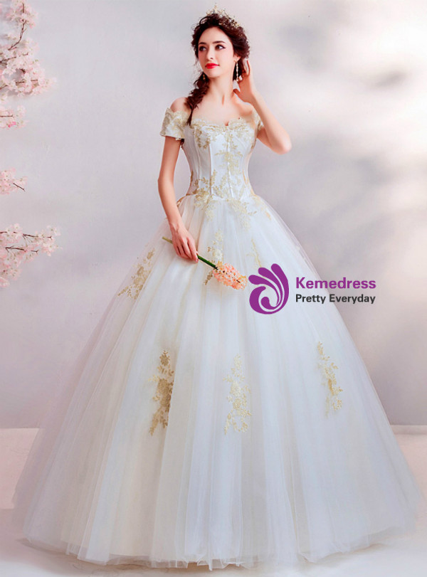 Shop 2019 Long & Short In Stock:Ship in 48 Hours White Off the Shoulder Tulle Appliques Wedding Dress With Factory Price From Kemedress