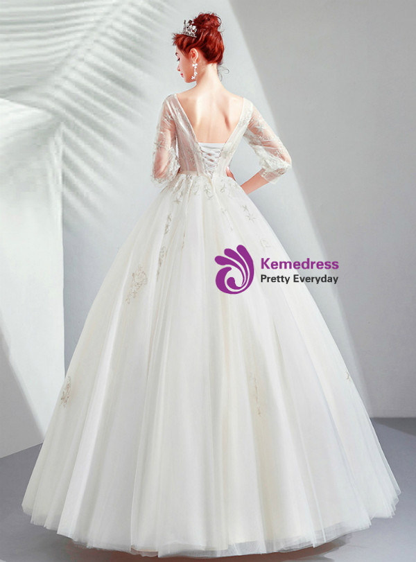 Shop 2019 Long & Short In Stock:Ship in 48 Hours Tulle Long Sleeve V-neck Wedding Dress With Factory Price From Kemedress
