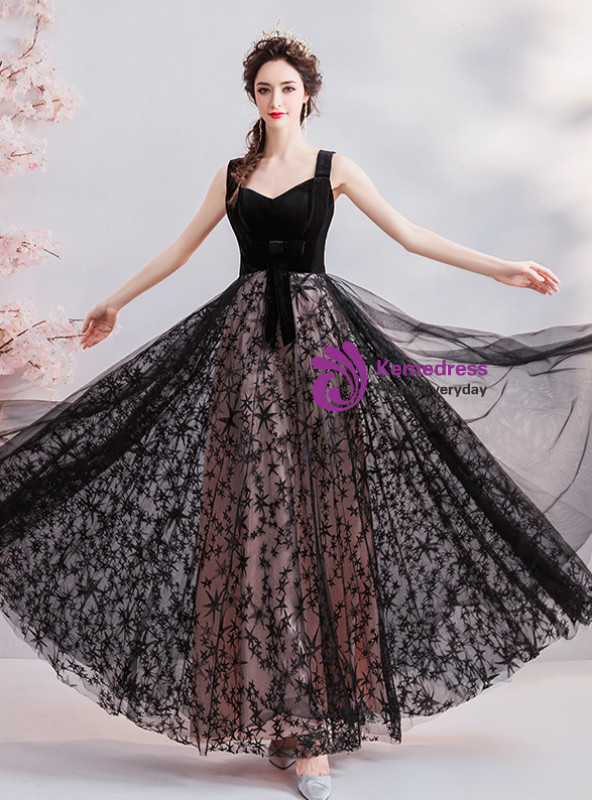 Shop 2019 Long & Short In Stock:Ship in 48 Hours Black Tulle Velvet Long Prom Dress With Factory Price From Kemedress