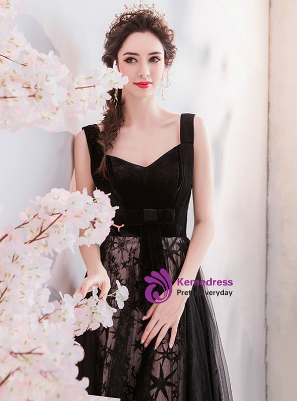 Shop 2019 Long & Short In Stock:Ship in 48 Hours Black Tulle Velvet Long Prom Dress With Factory Price From Kemedress