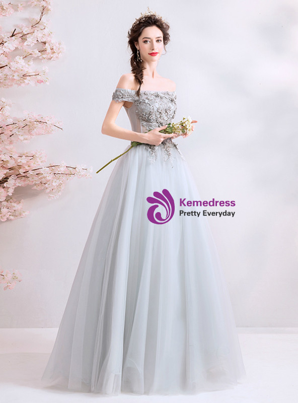 Shop 2019 Long & Short In Stock:Ship in 48 Hours Gray Tulle Off The Shoulder Appliques Prom Dress With Factory Price From Kemedress