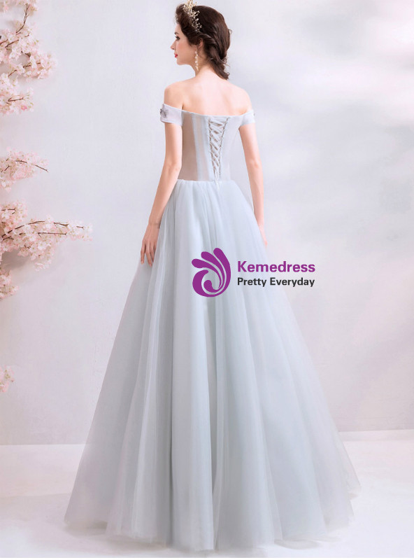 Shop 2019 Long & Short In Stock:Ship in 48 Hours Gray Tulle Off The Shoulder Appliques Prom Dress With Factory Price From Kemedress