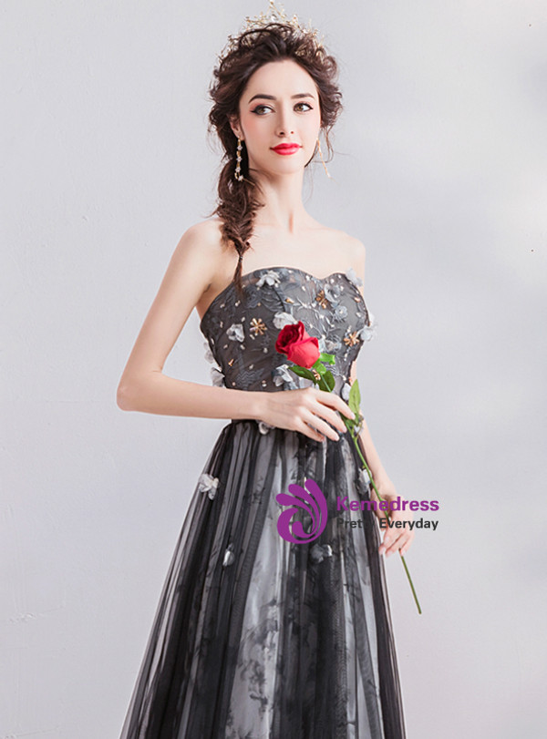 Shop 2019 Long & Short In Stock:Ship in 48 Hours Black Tulle Strapless Appliques Prom Dress With Factory Price From Kemedress