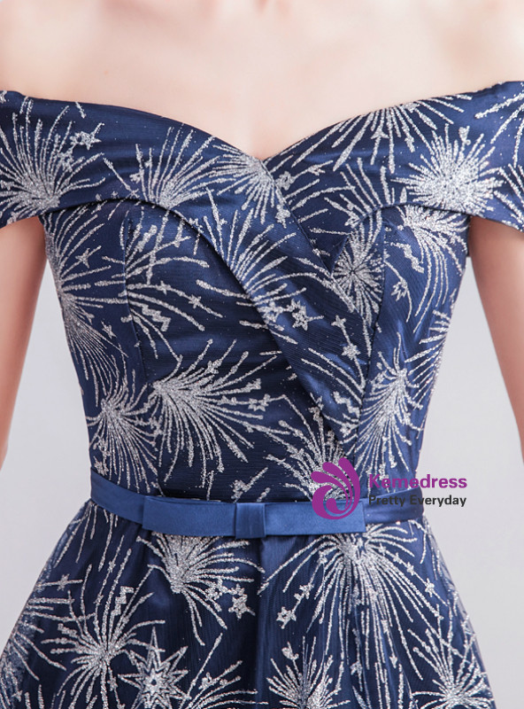 Shop 2019 Long & Short In Stock:Ship in 48 Hours Blue Tulle Sequins Off The Shoulder Prom Dress With Factory Price From Kemedress