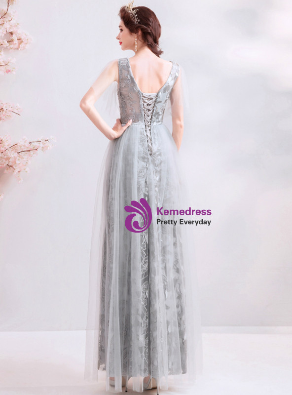 Shop 2019 Long & Short In Stock:Ship in 48 Hours Gray Tulle Lace V-neck Long Prom Dress With Factory Price From Kemedress