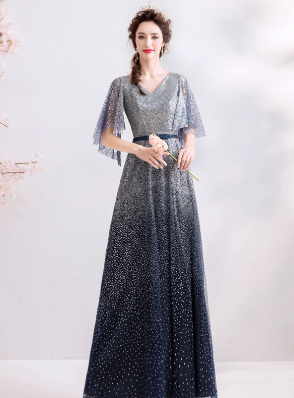 Shop 2019 Long & Short In Stock:Ship in 48 Hours Blue Tulle Sequins V-neck Long Prom Dress With Factory Price From Kemedress