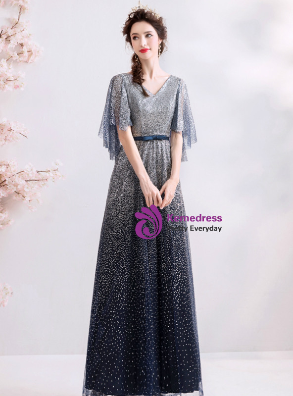 Shop 2019 Long & Short In Stock:Ship in 48 Hours Blue Tulle Sequins V-neck Long Prom Dress With Factory Price From Kemedress