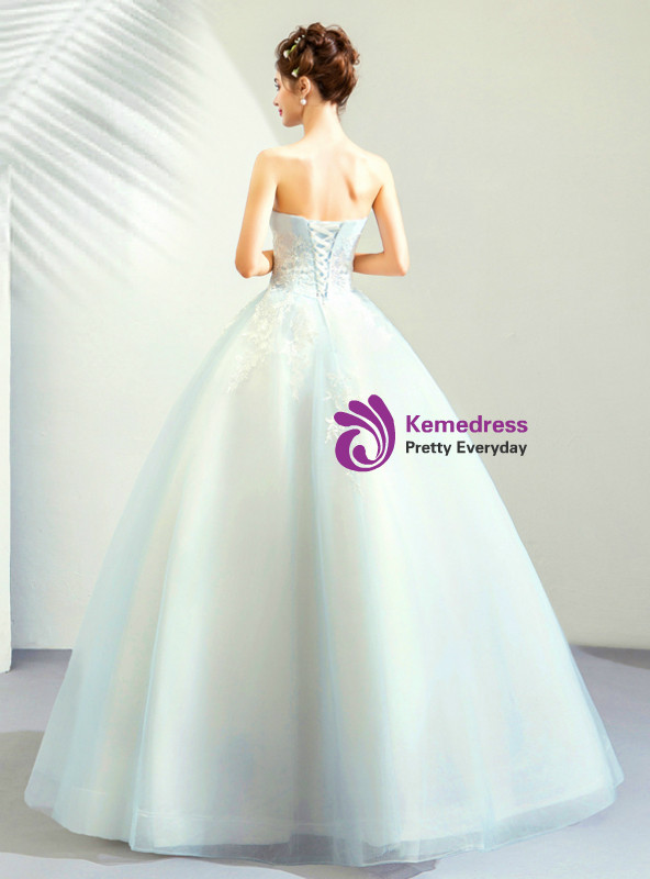 Shop 2019 Long & Short In Stock:Ship in 48 Hours Light Blue Tulle Appliques Wedding Dress With Factory Price From Kemedress