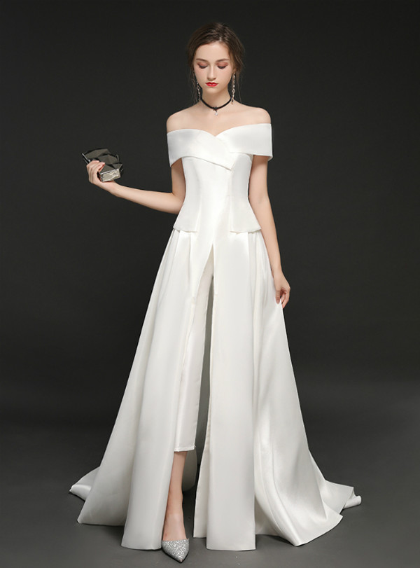 Shop 2019 Long & Short In Stock:Ship in 48 Hours White Satin Off The Shoulder Trouser Skirt With Factory Price From Kemedress
