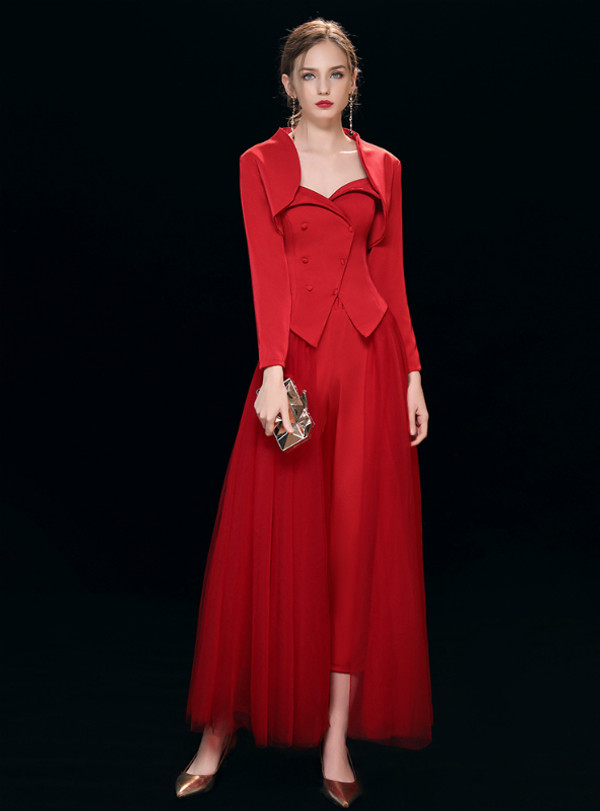 Shop 2019 Long & Short In Stock:Ship in 48 Hours Burgundy Strapless Long Sleeve Tulle Prom Dress With Factory Price From Kemedress