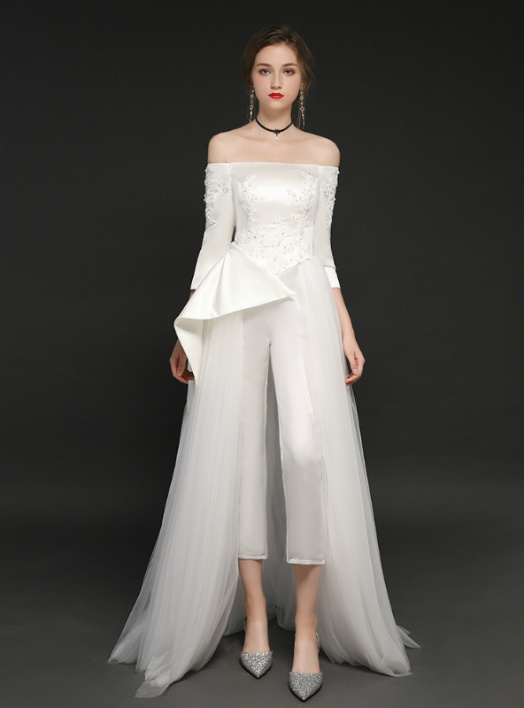 Shop 2019 Long & Short In Stock:Ship in 48 Hours White Tulle Long Sleeve Off The Shoulder Prom Dress With Factory Price From Kemedress