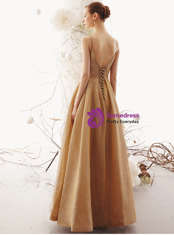 Shop 2019 Long & Short A-Line Champagne Gold Spaghetti Straps Long Prom Dress With Factory Price From Kemedress