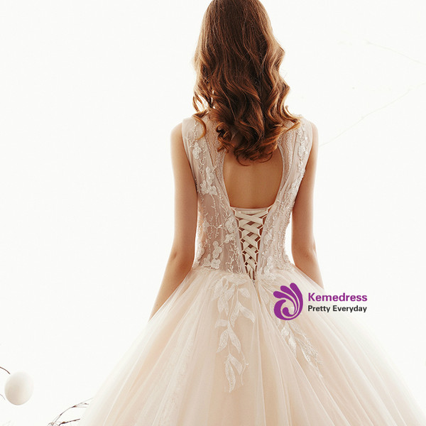 Shop 2019 Long & Short Champagne Ball Gown Tulle High Neck Backless Floor Length Wedding Dress With Factory Price From Kemedress