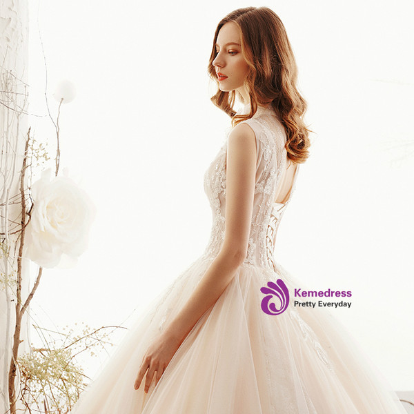 Shop 2019 Long & Short Champagne Ball Gown Tulle High Neck Backless Floor Length Wedding Dress With Factory Price From Kemedress