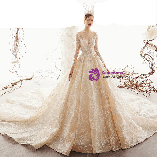 Shop 2019 Long & Short Champagne Ball Gown Lace Long Sleeve Beading Wedding Dress With Long Train With Factory Price From Kemedress