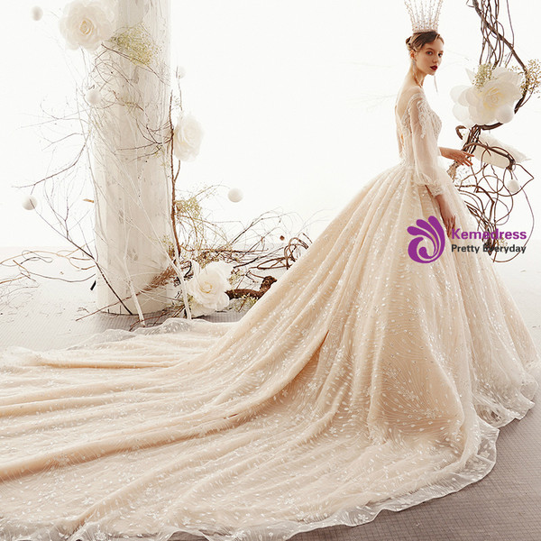 Shop 2019 Long & Short Champagne Ball Gown Tulle Sequins Long Sleeve Backless Wedding Dress With Factory Price From Kemedress