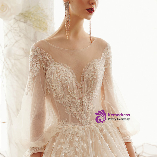 Shop 2019 Long & Short Champagne Ball Gown Tulle Sequins Long Sleeve Backless Wedding Dress With Factory Price From Kemedress