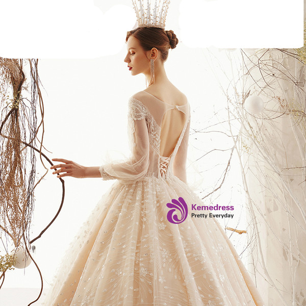 Shop 2019 Long & Short Champagne Ball Gown Tulle Sequins Long Sleeve Backless Wedding Dress With Factory Price From Kemedress