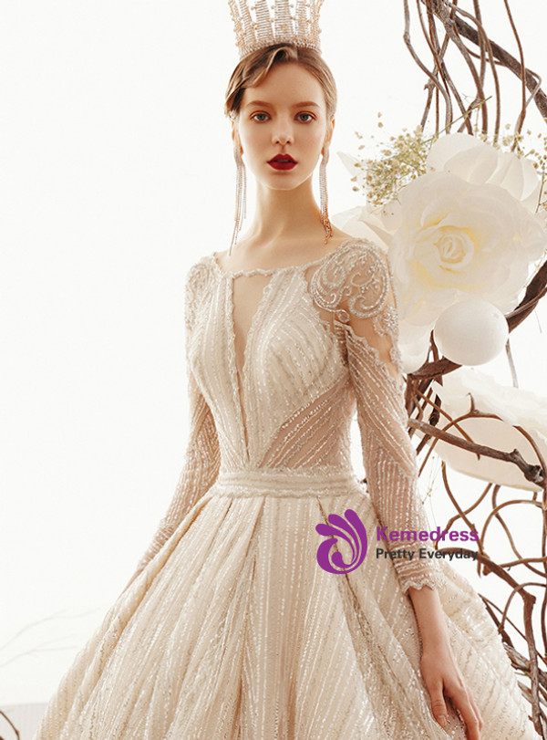 Shop 2019 Long & Short Champagne Ball Gown Tuller Sequins Long Sleeve Wedding Dress With Long Train With Factory Price From Kemedress