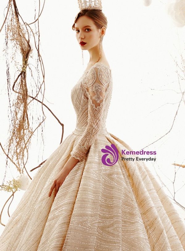 Shop 2019 Long & Short Champagne Ball Gown Tuller Sequins Long Sleeve Wedding Dress With Long Train With Factory Price From Kemedress