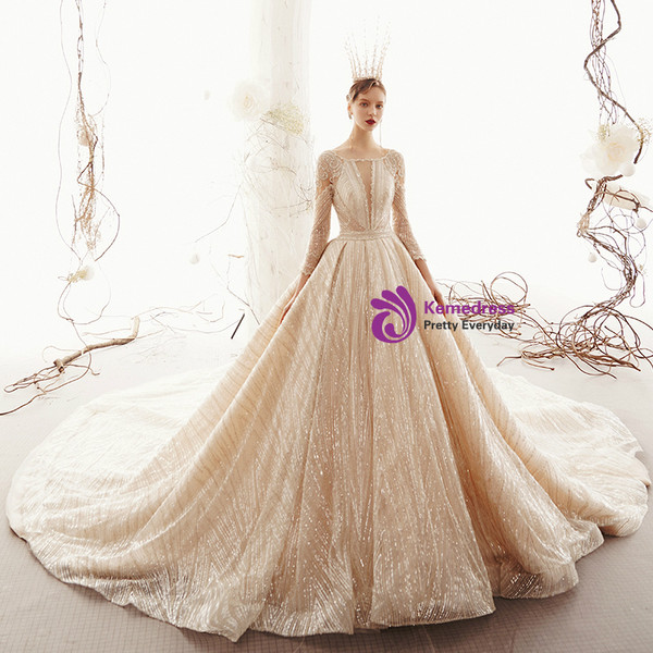 Shop 2019 Long & Short Champagne Ball Gown Tuller Sequins Long Sleeve Wedding Dress With Long Train With Factory Price From Kemedress
