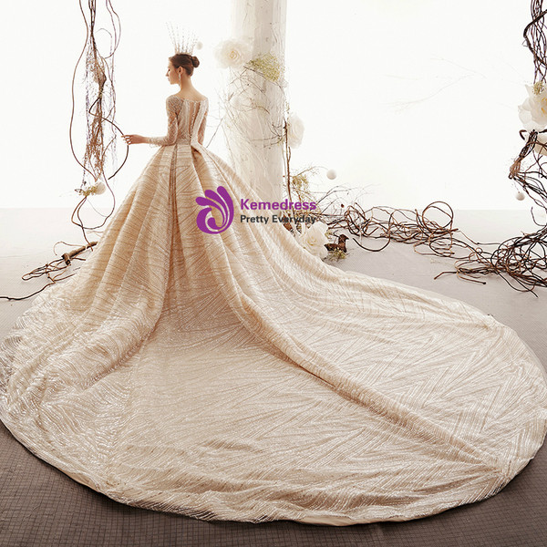 Shop 2019 Long & Short Champagne Ball Gown Tuller Sequins Long Sleeve Wedding Dress With Long Train With Factory Price From Kemedress