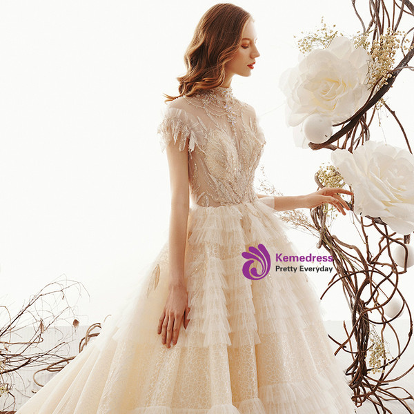 Shop 2019 Long & Short Champagne Ball Gown Tulle Lace High Neck Backless Wedding Dress With Beading With Factory Price From Kemedress