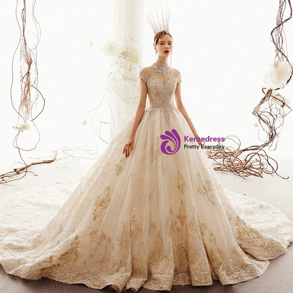 Shop 2019 Long & Short Champagne Ball Gown Tulle Appliques High Neck Cap SLeeve Wedding Dress With Long Train With Factory Price From Kemedress